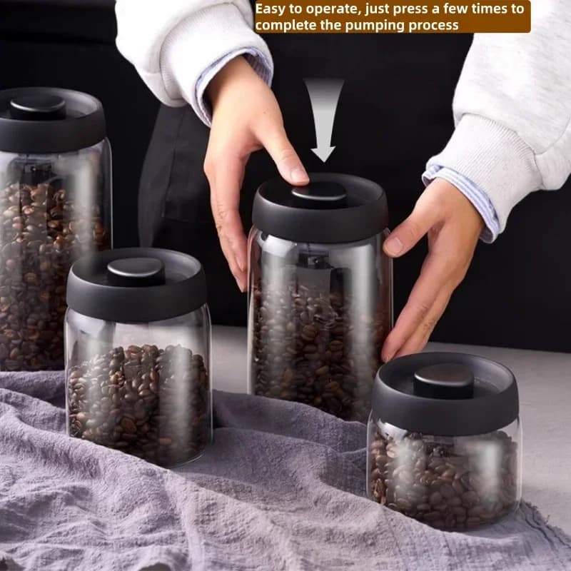 Bocal hermétique sous vide en verre avec couvercle noir pour café et thé