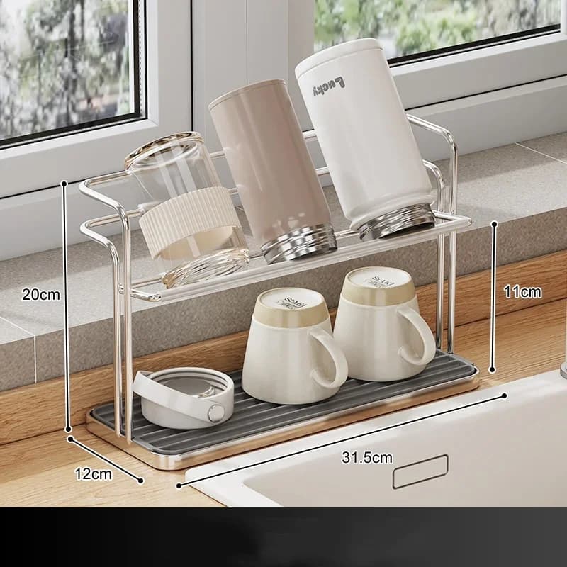 Égouttoir à tasses double couche en acier inoxydable, support suspendu avec plateau pour cuisine