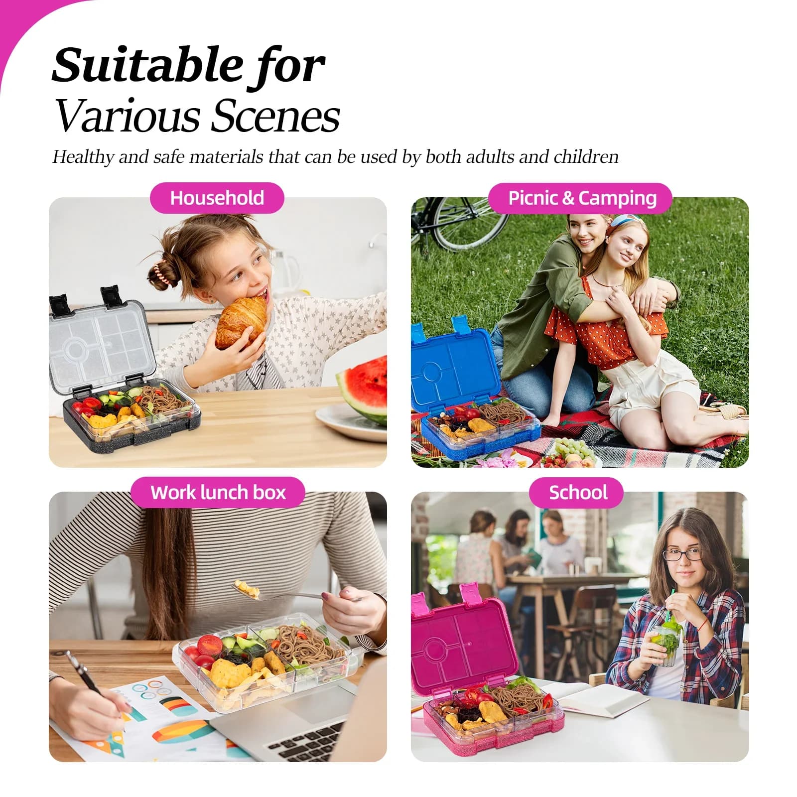 Boîte à bento hermétique compatible micro-ondes avec couverts pour école et bureau