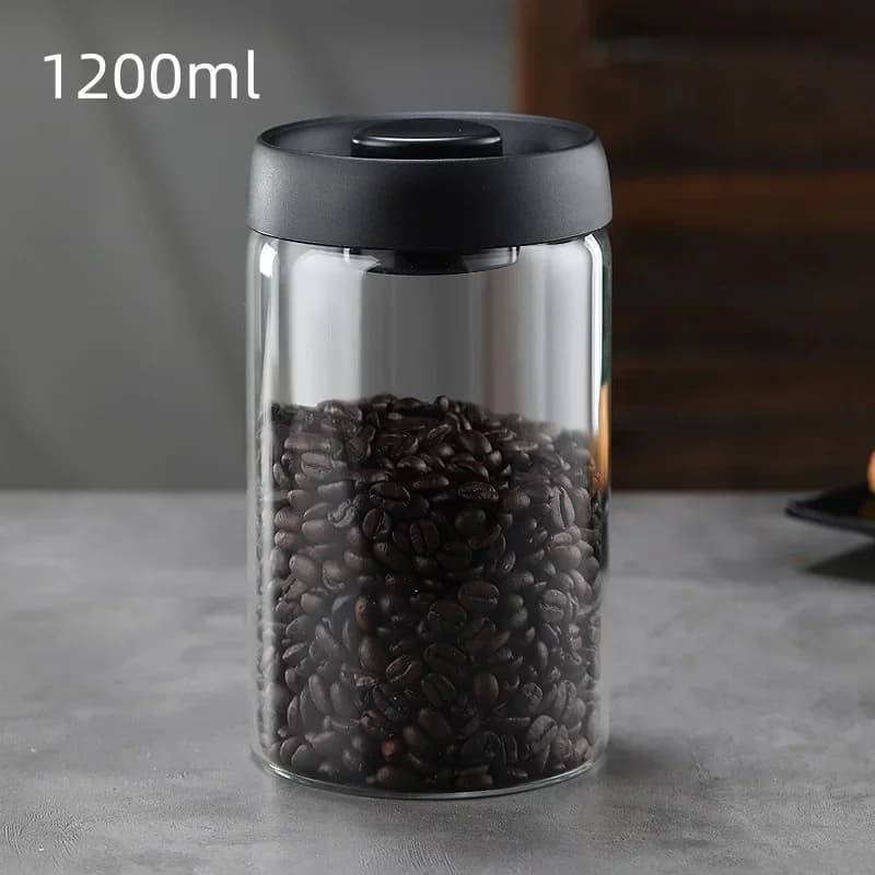 Bocal hermétique sous vide en verre avec couvercle noir pour café et thé