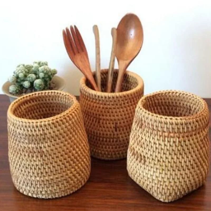 Organisateur de couverts en rotin - Panier de rangement de table