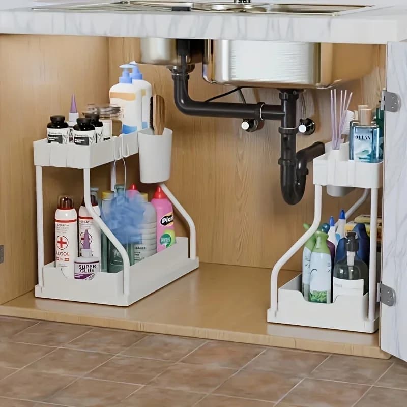 Organisateur sous évier à 2 niveaux coulissants - Rangement cuisine et bain