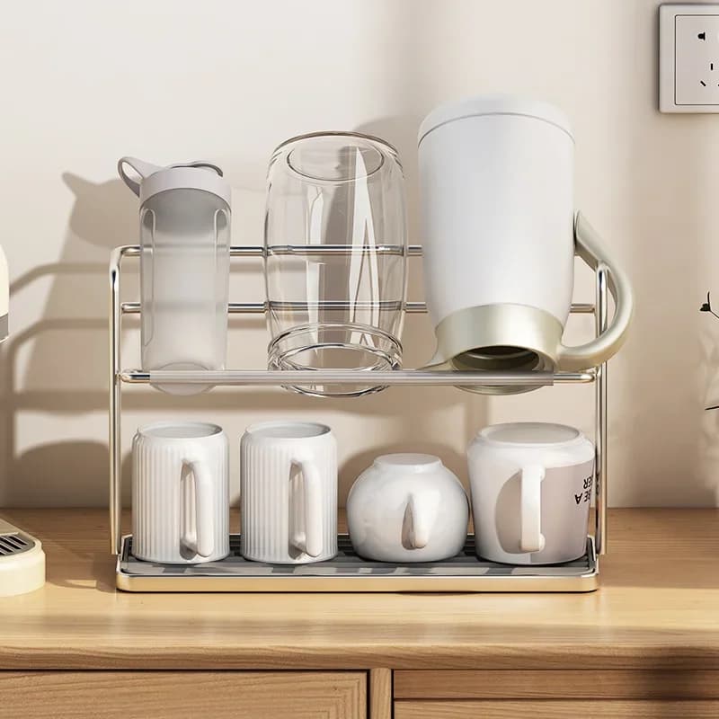 Égouttoir à tasses double couche en acier inoxydable, support suspendu avec plateau pour cuisine