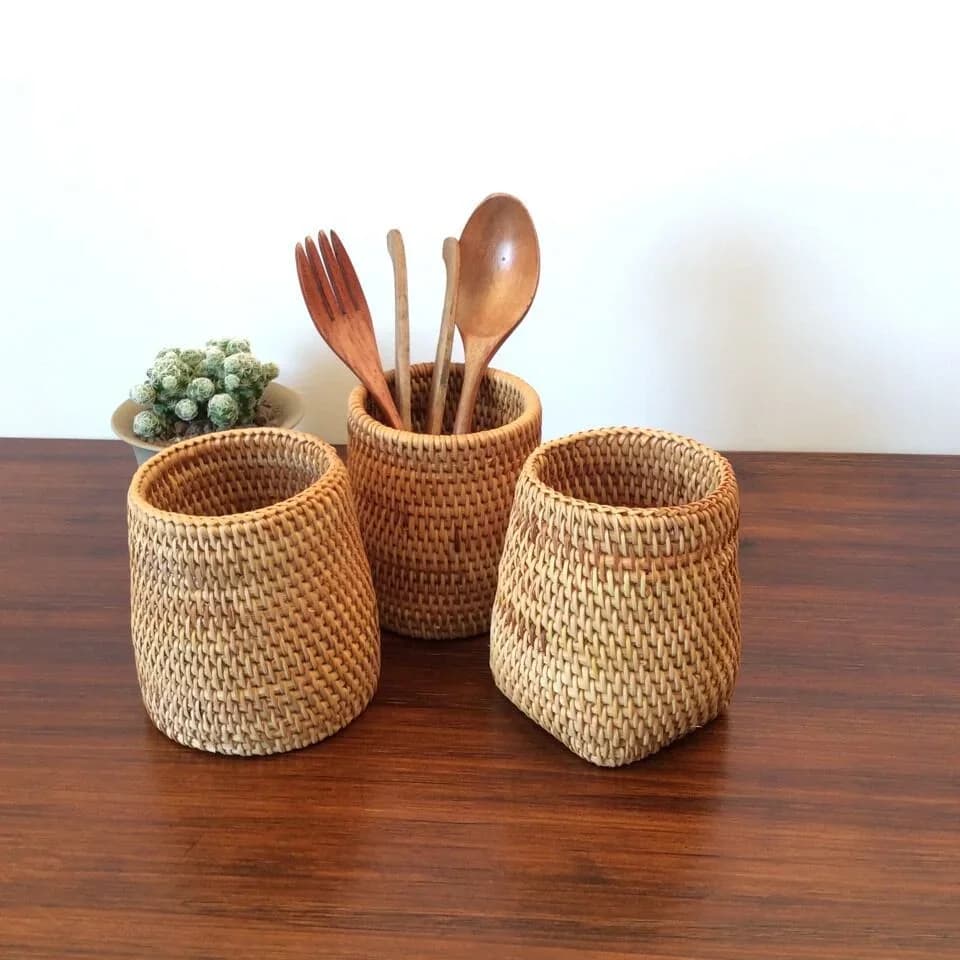 Organisateur de couverts en rotin - Panier de rangement de table