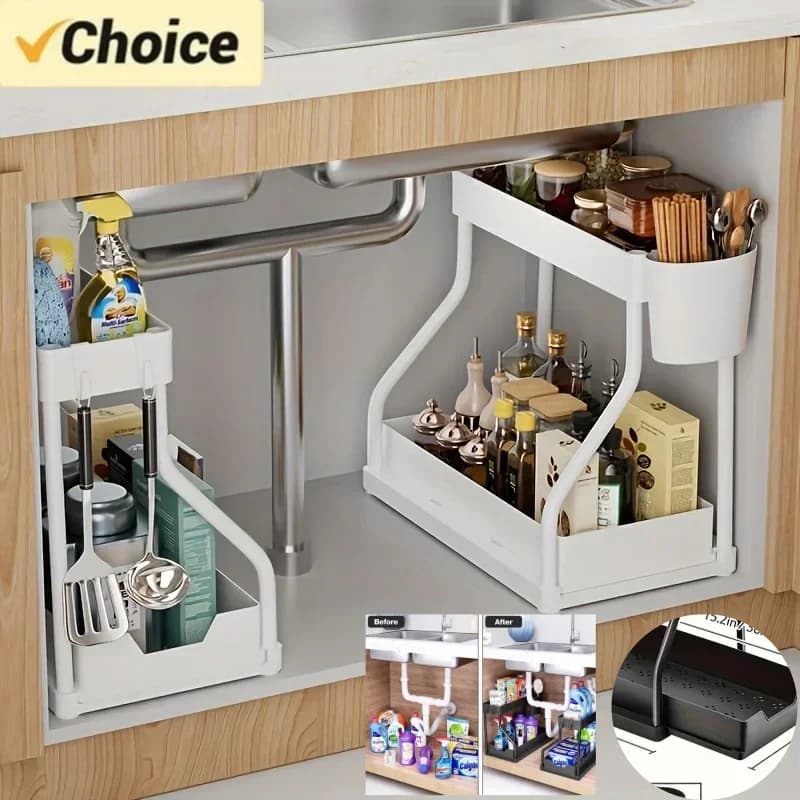 Organisateur sous évier à 2 niveaux coulissants - Rangement cuisine et bain