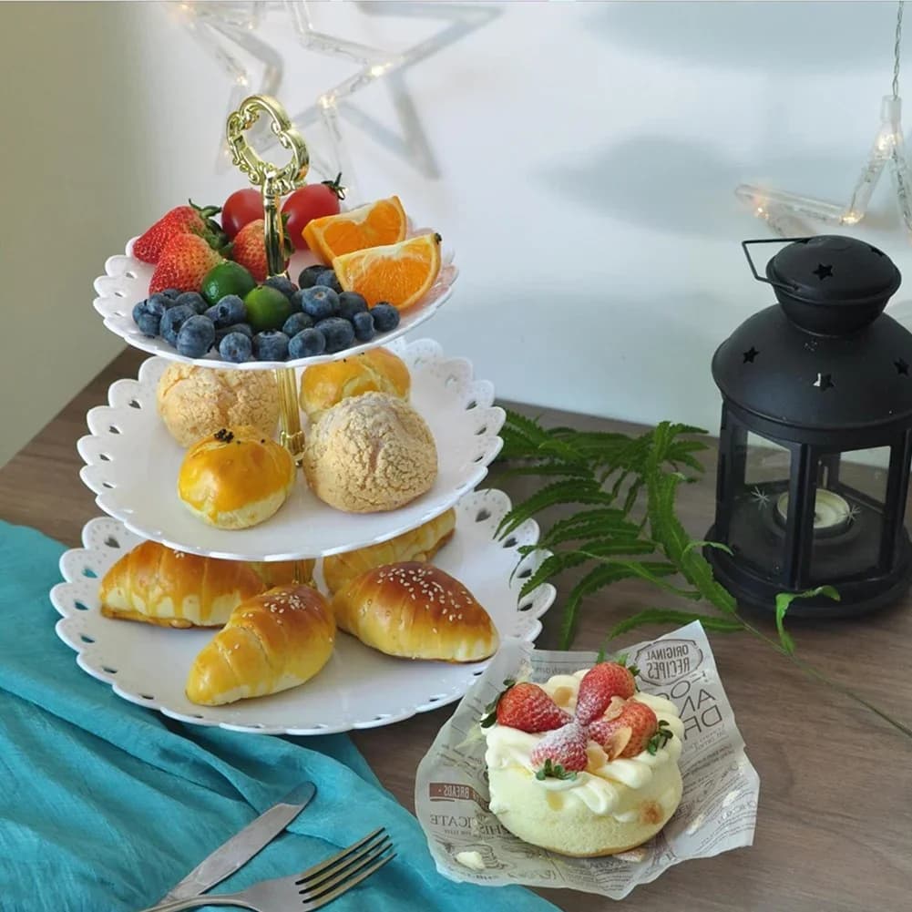 Présentoir à Gâteaux 3 Niveaux - Plat de Service à Fruits pour Fêtes, Anniversaires et Mariages