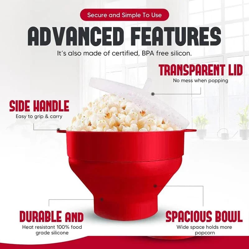 Cuiseur à pop-corn pliable en silicone pour micro-ondes sans BPA avec couvercle