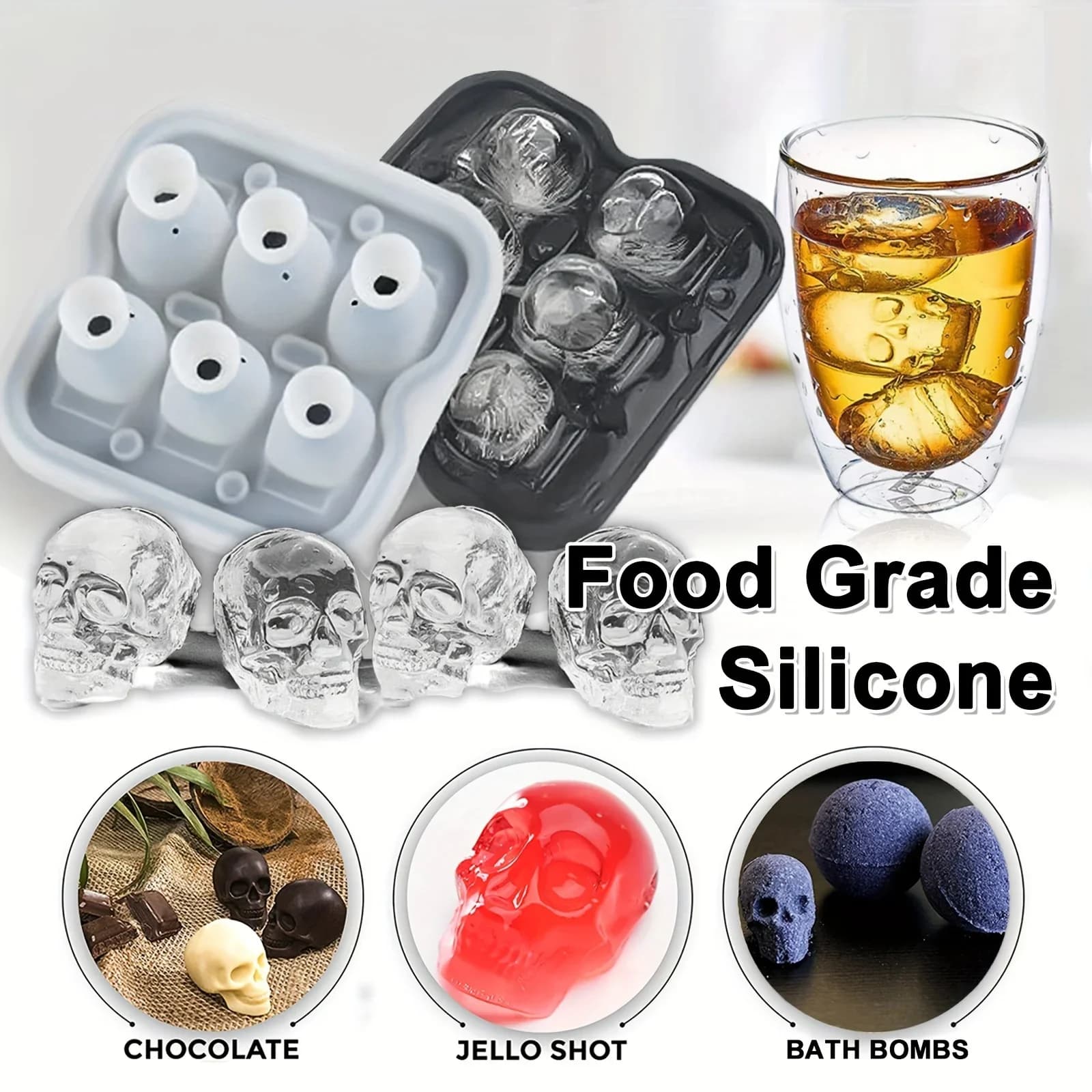 Moule à Glaçons Tête de Mort 3D en Silicone sans BPA pour Cocktails