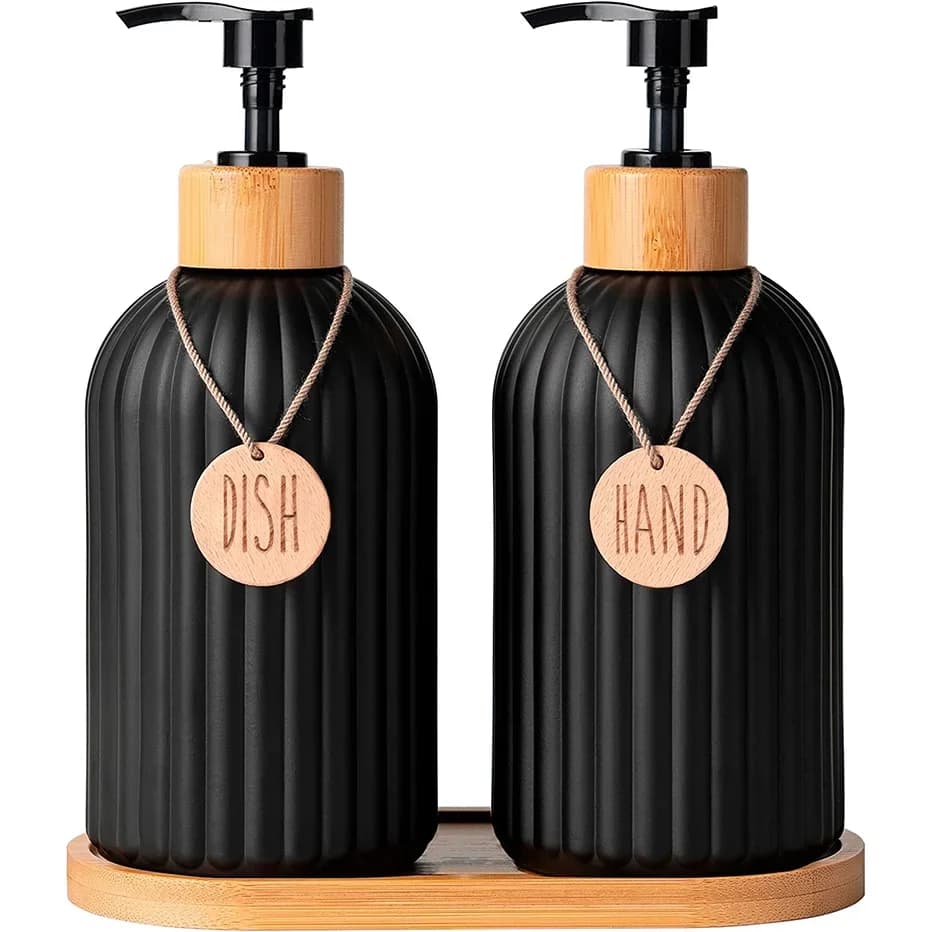 Ensemble distributeurs de savon noirs avec étiquettes pour cuisine - Flacons pour savon pour les mains et liquide vaisselle