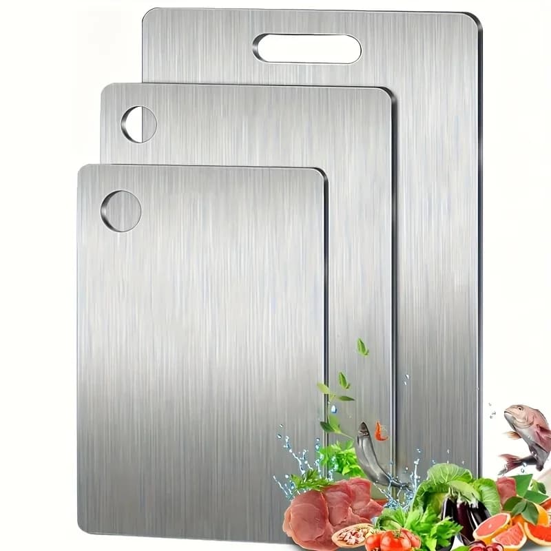 Lot de 3 Planches à Découper en Acier Inoxydable - Antidérapantes avec Rainure à Jus, Sans BPA