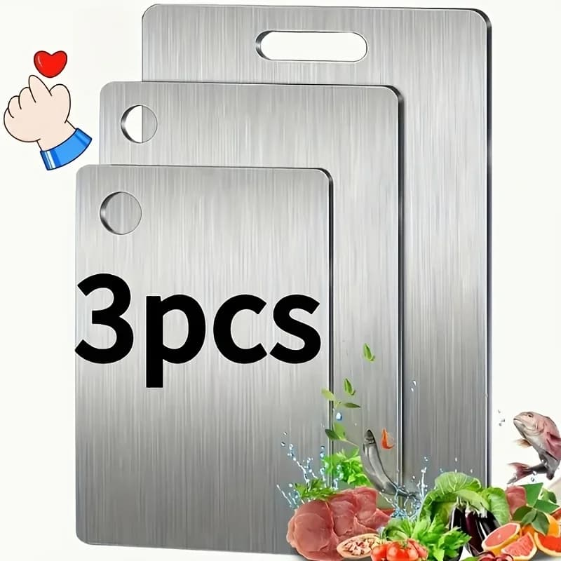 Lot de 3 Planches à Découper en Acier Inoxydable - Antidérapantes avec Rainure à Jus, Sans BPA