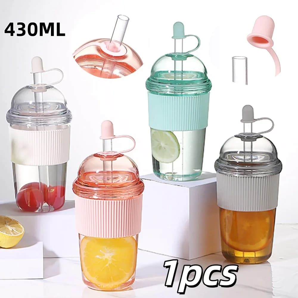 Gobelet avec Paille Rabattable 430 ml - Bouteille Réutilisable Style Ins