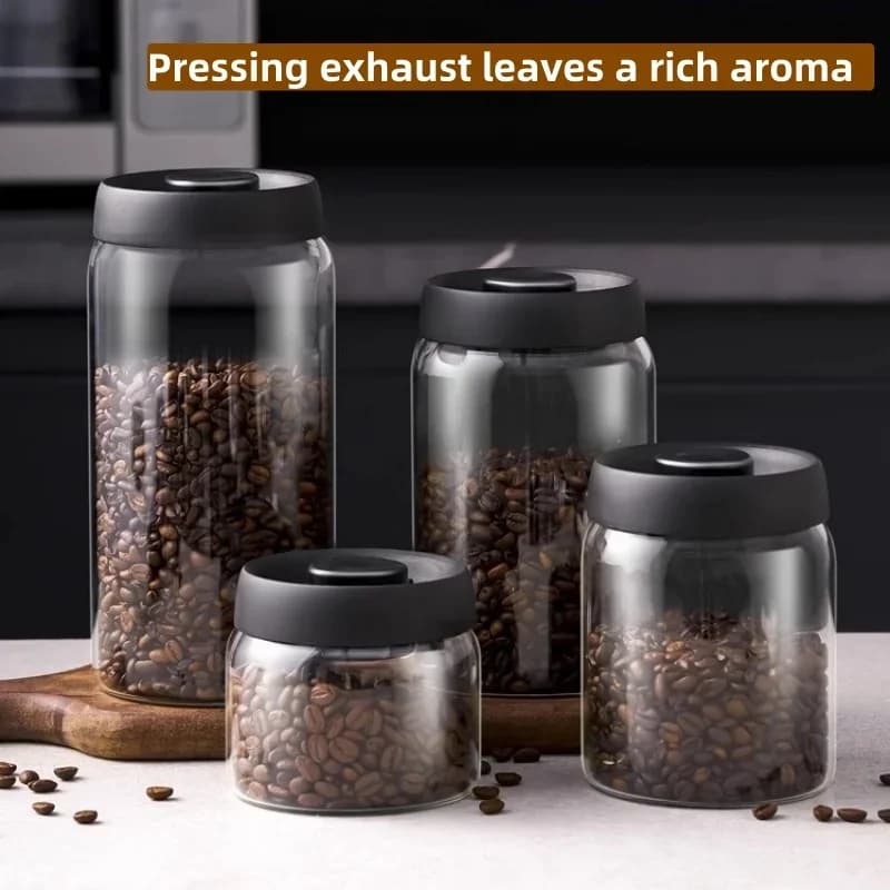 Bocal hermétique sous vide en verre avec couvercle noir pour café et thé